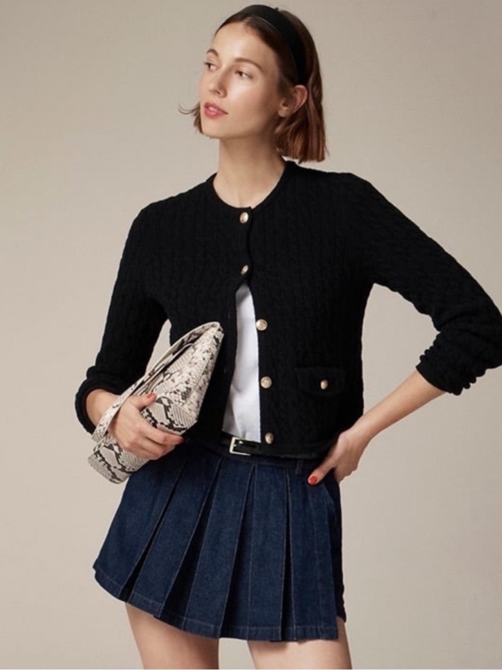 NWT J CREW Odette cable-knit sweater lady jacket in cotton-blend bouclé BLACK M